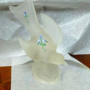 Frosted Glass Dove Figurine with Blue Floral Design